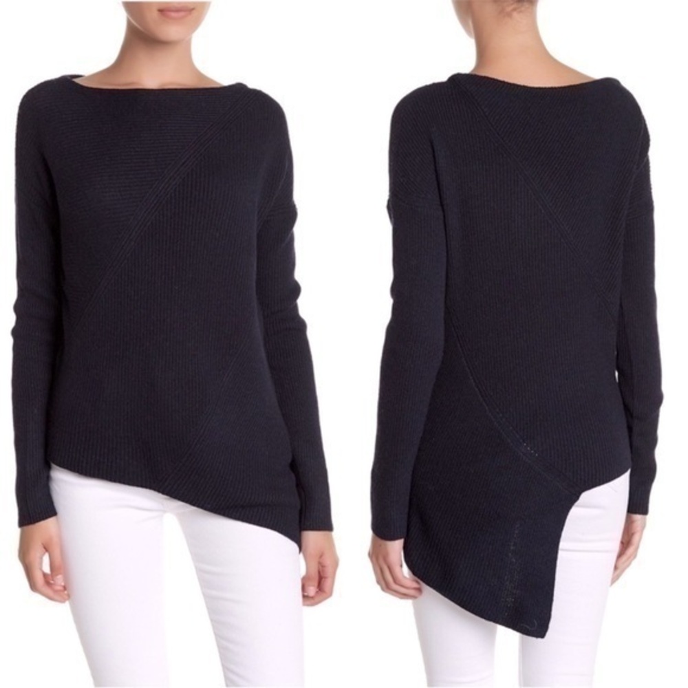 BROCHU WALKER THANDEE RIBBED KNIT ASYMMETRICAL HEM WOOL CASHMERE SWEATER NAVY